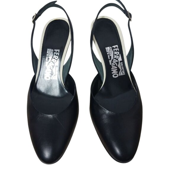 Salvatore Ferragamo Leather Slingback Heels With Contrast Sole  black/white 6.5 - Picture 1 of 13